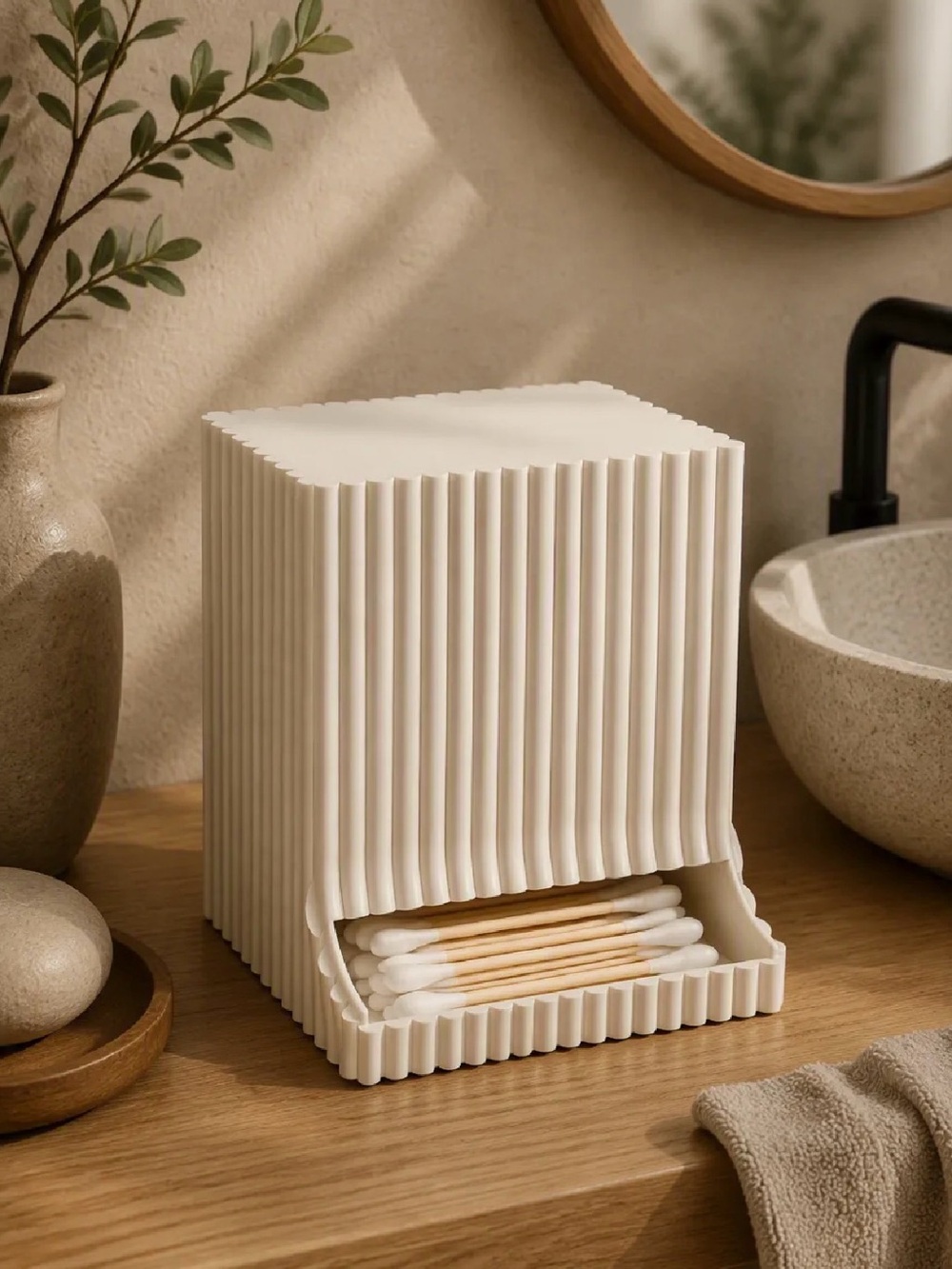 Neutral Ripple Cotton Swab Dispenser - Cream